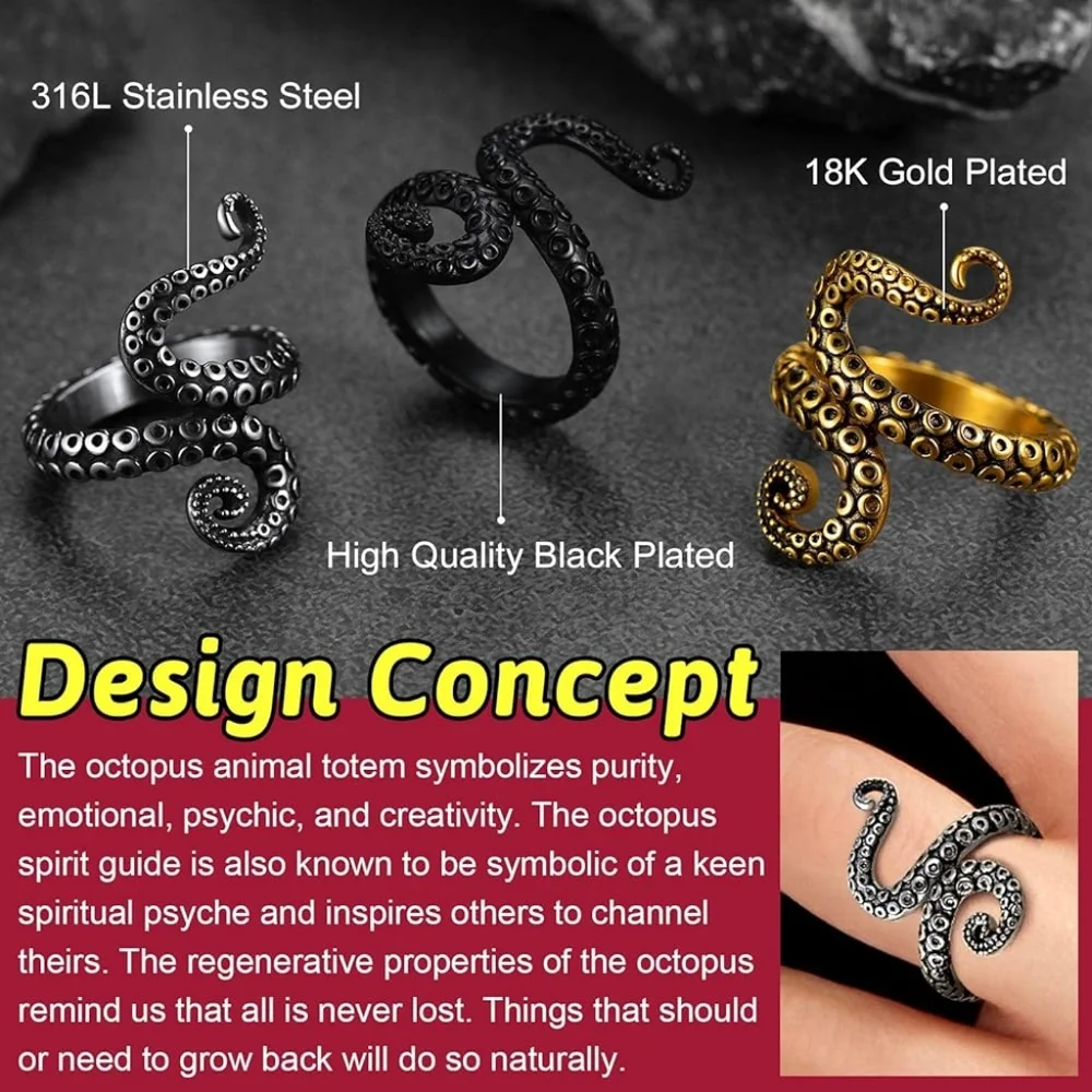 ChainsHouse Octopus Tentacles Stainless Steel Black Ring NEW IN BOX US 7 - Picture 7 of 10